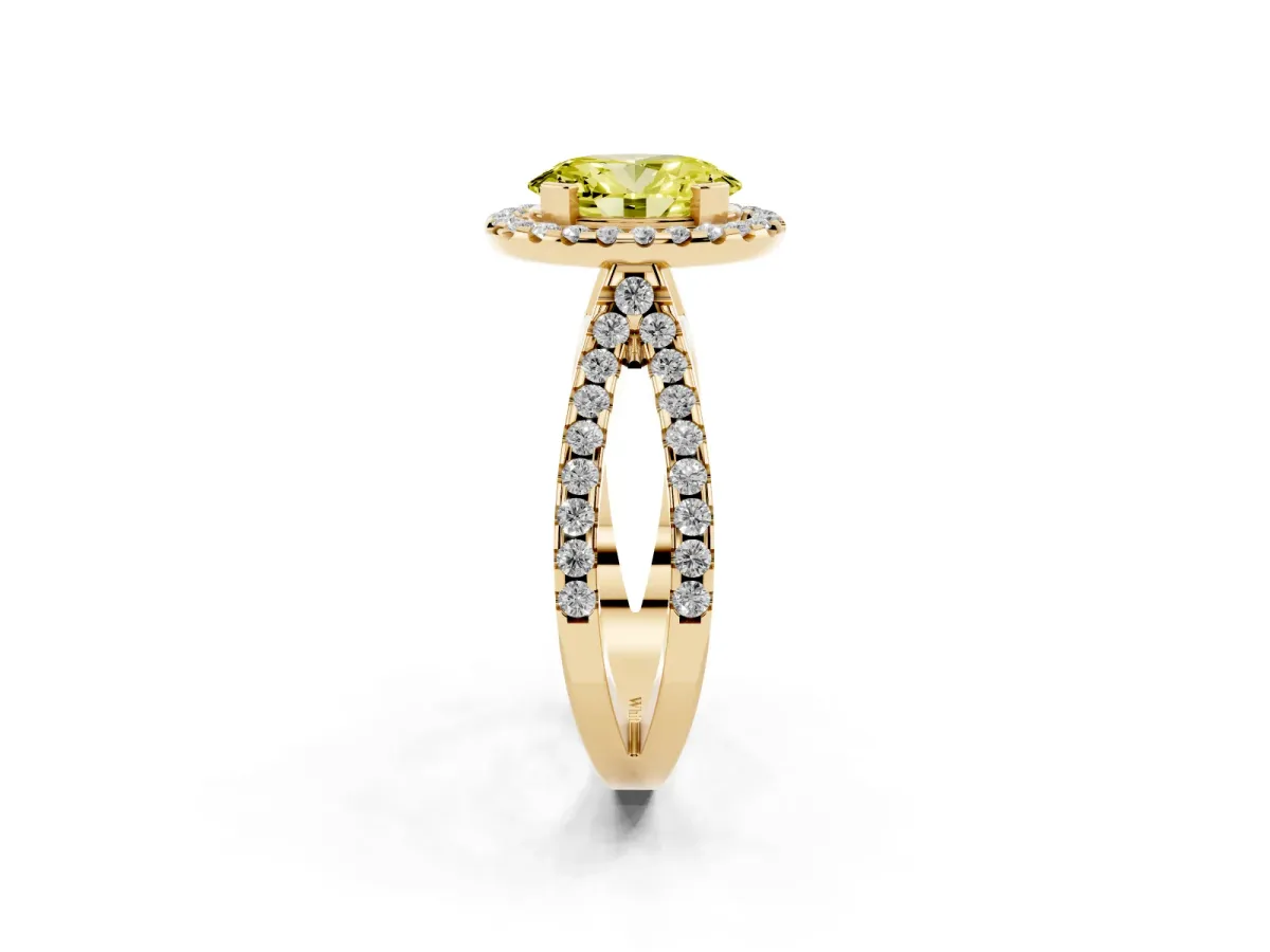 Fancy Yellow Oval Cut Diamond Halo Ring with Split Shank Pavé Band and Prong Setting Yellow gold
