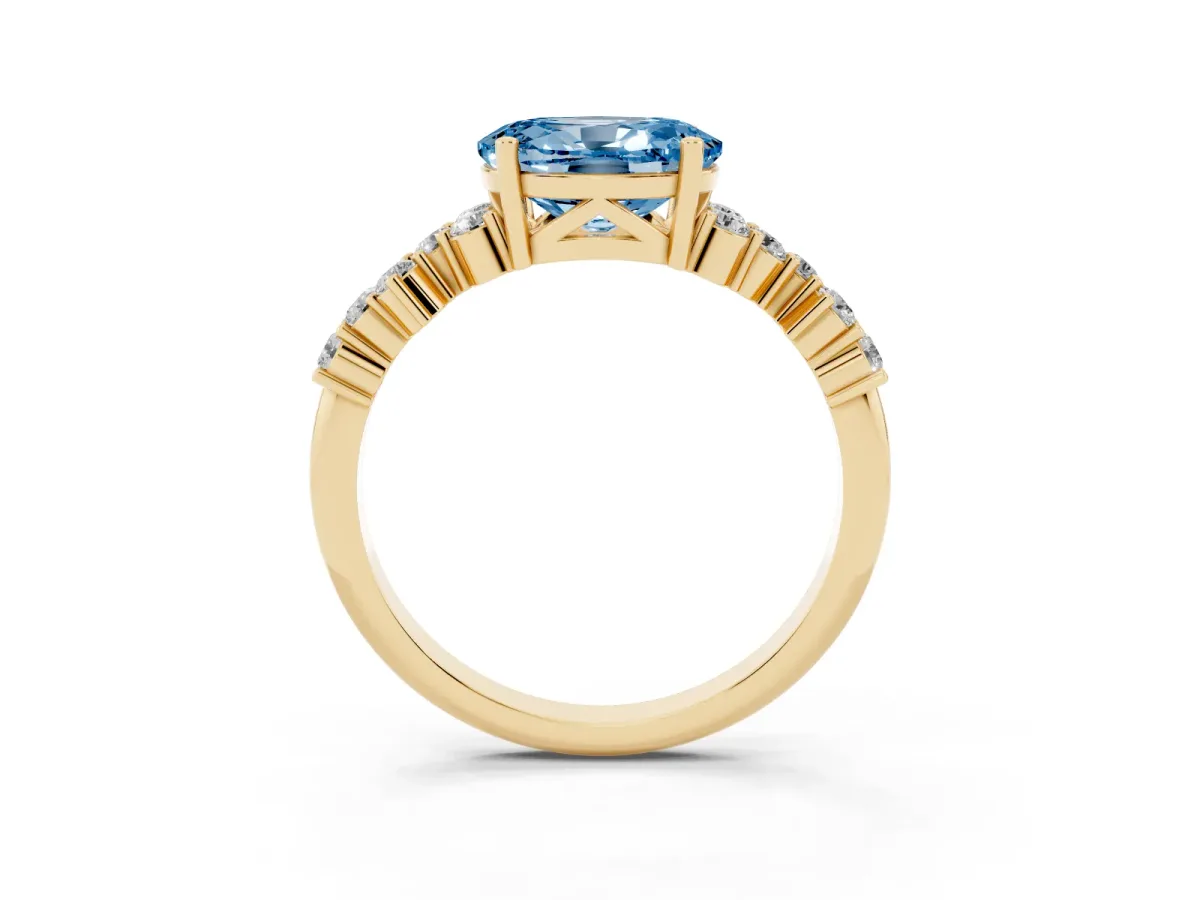 Fancy Blue Oval Cut Diamond Scattered Round Accent Ring with Prong Setting Yellow gold