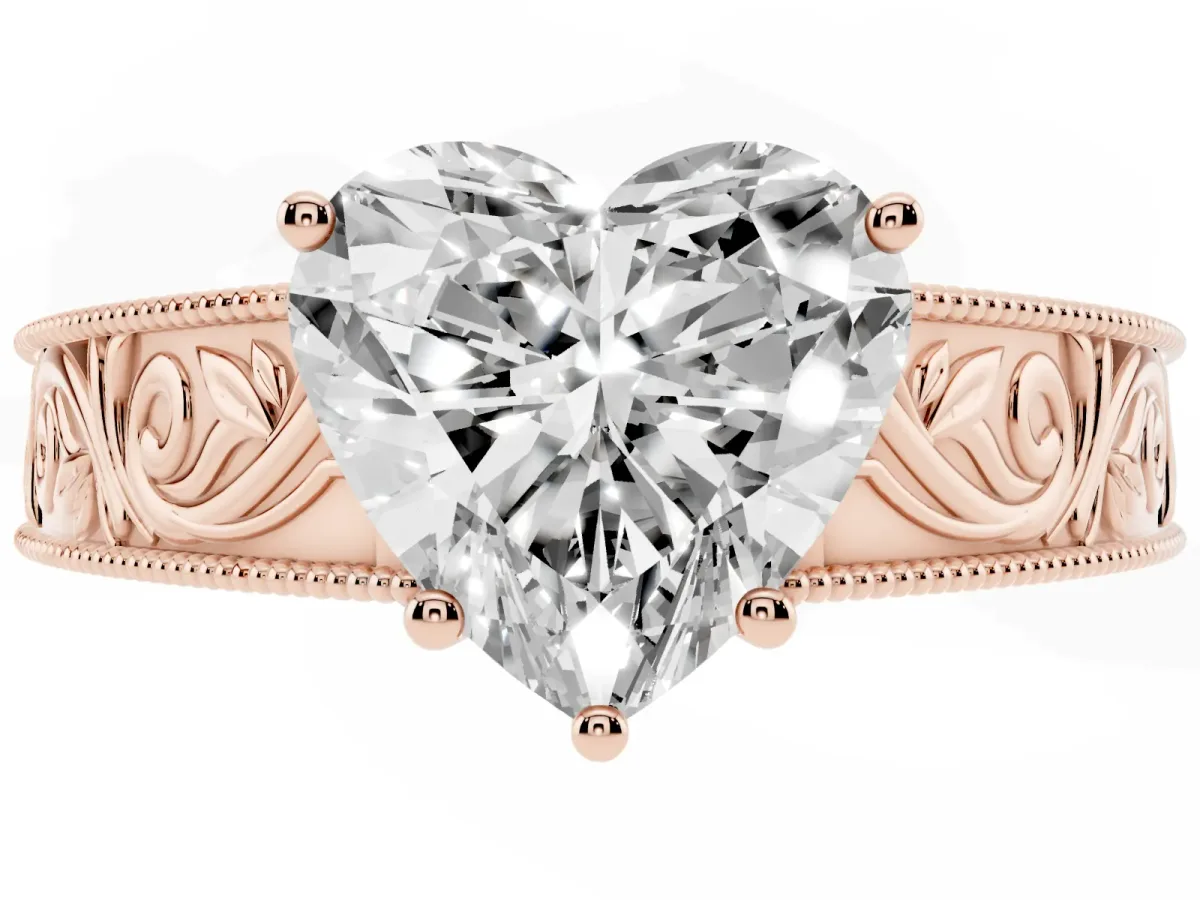 Heart Cut Diamond Solitaire Ring with Engraved Band and Four-Prong Setting Rose gold