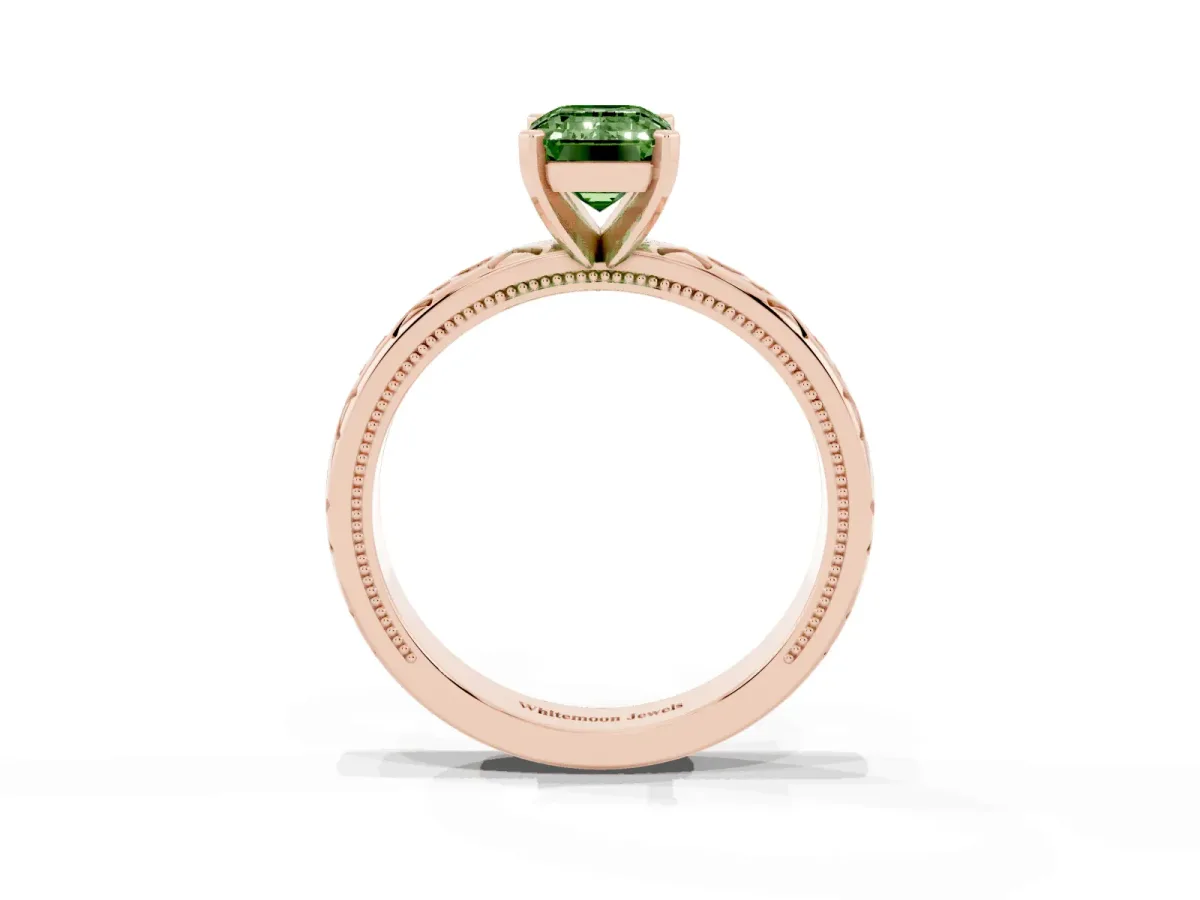 Fancy Green Emerald Cut Solitaire Engagement Ring with Scrollwork Band and Four-Prong Setting Rose gold