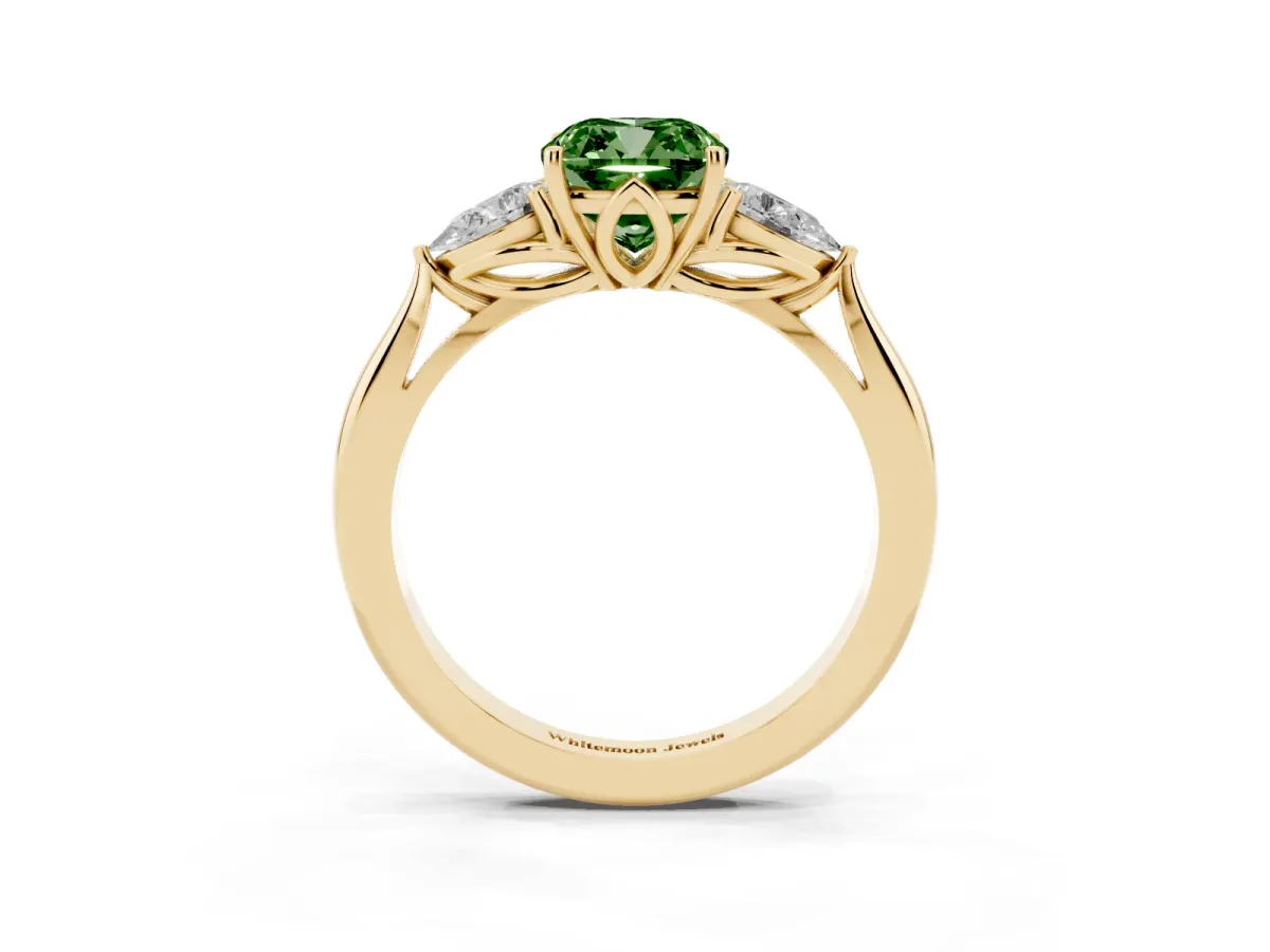 Fancy Green Cushion Cut Diamond Three-Stone Ring with Pear Side Stones and Prong Setting Yellow gold