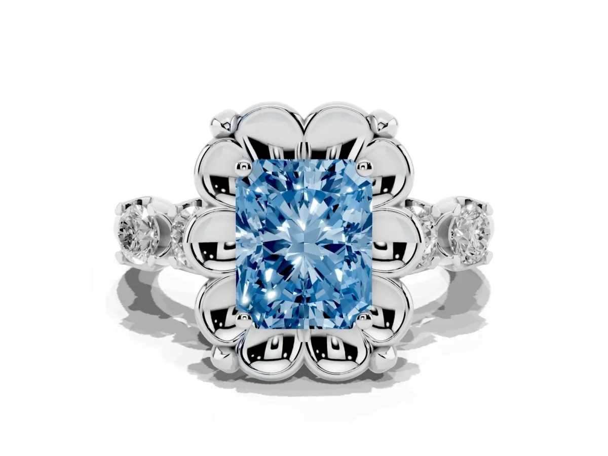 Fancy Blue Radiant Cut Cut Diamond Floral Halo Engagement Ring with Shared Prong Setting Silver
