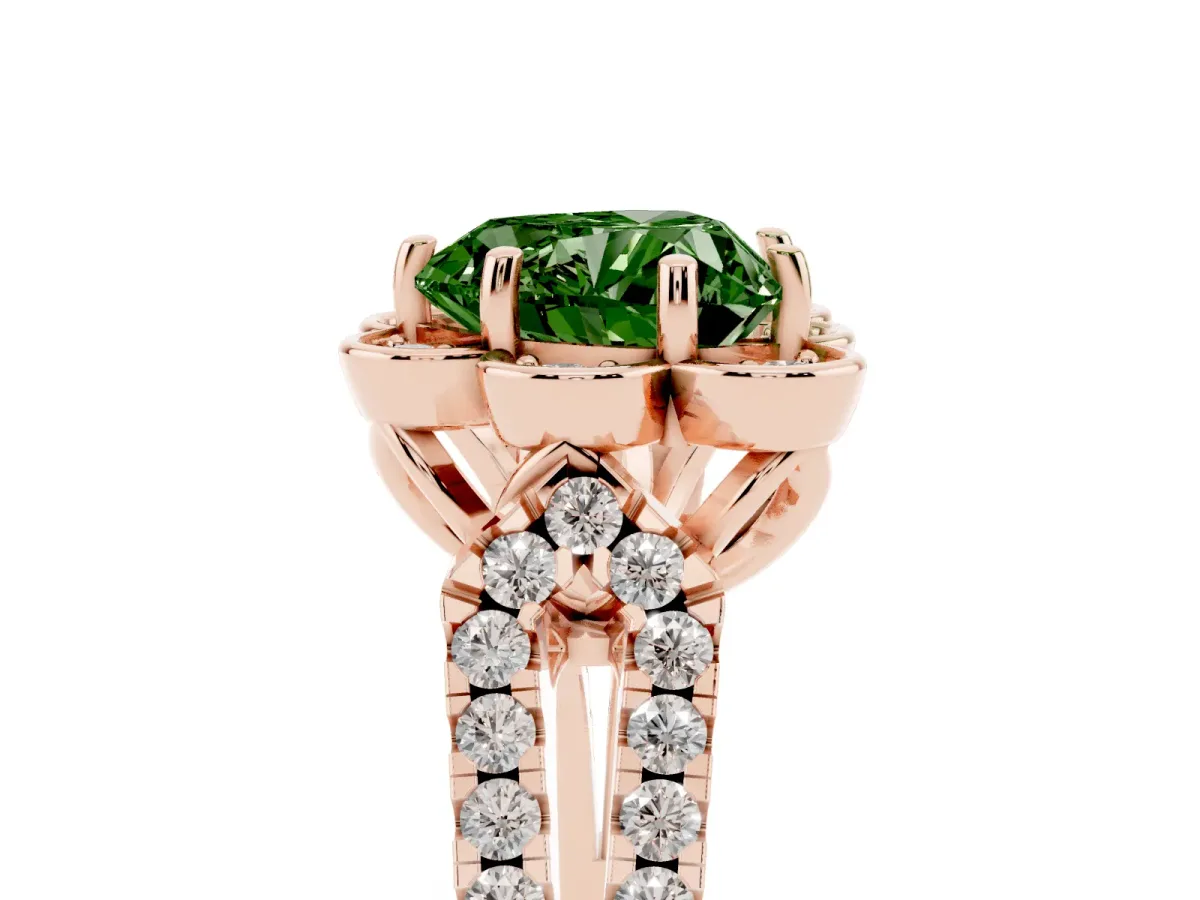 Fancy Green Heart Cut Halo Diamond Floral Split Shank Engagement Ring Rose gold