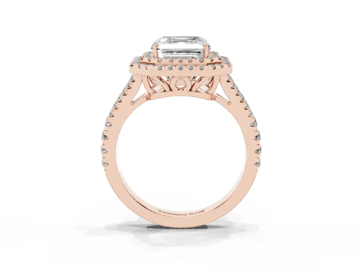 Asscher Cut Diamond Double Halo Ring with Pavé Band and Prong Setting Rose gold