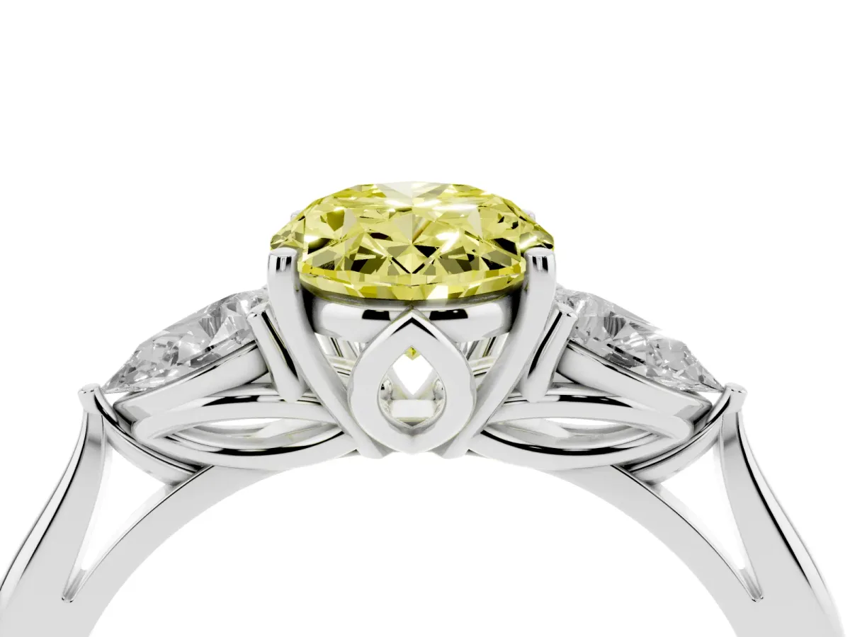 Fancy Yellow Three-Stone Oval Cut Diamond Ring with Pear Side Stones in Four-Prong Setting Silver