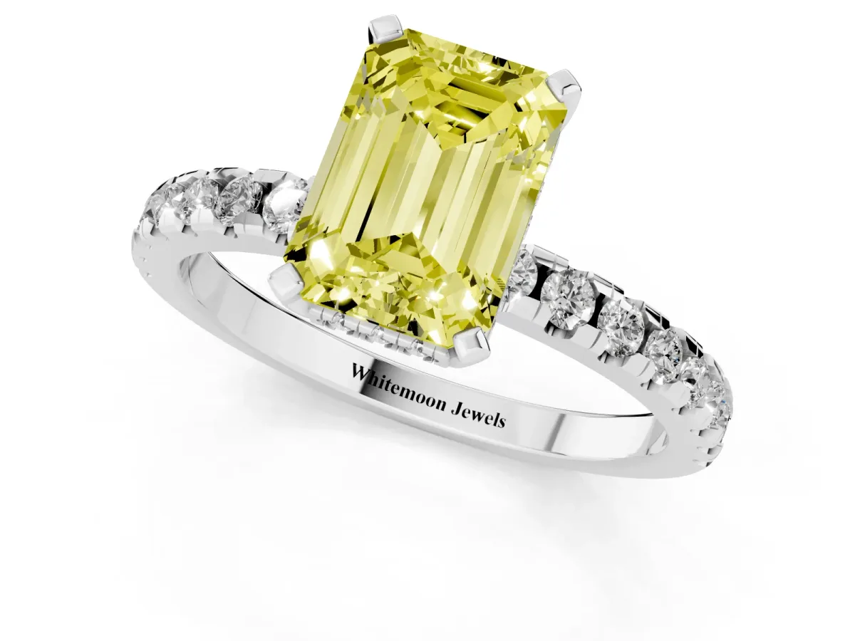 Fancy Yellow Emerald Cut Diamond Solitaire Ring with Round Pavé Band and Four-Prong Setting Silver