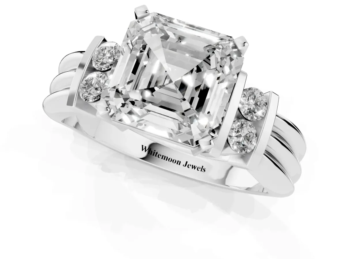 Asscher Cut Cut Three-Stone Channel Set Ring with Bar Prongs Silver