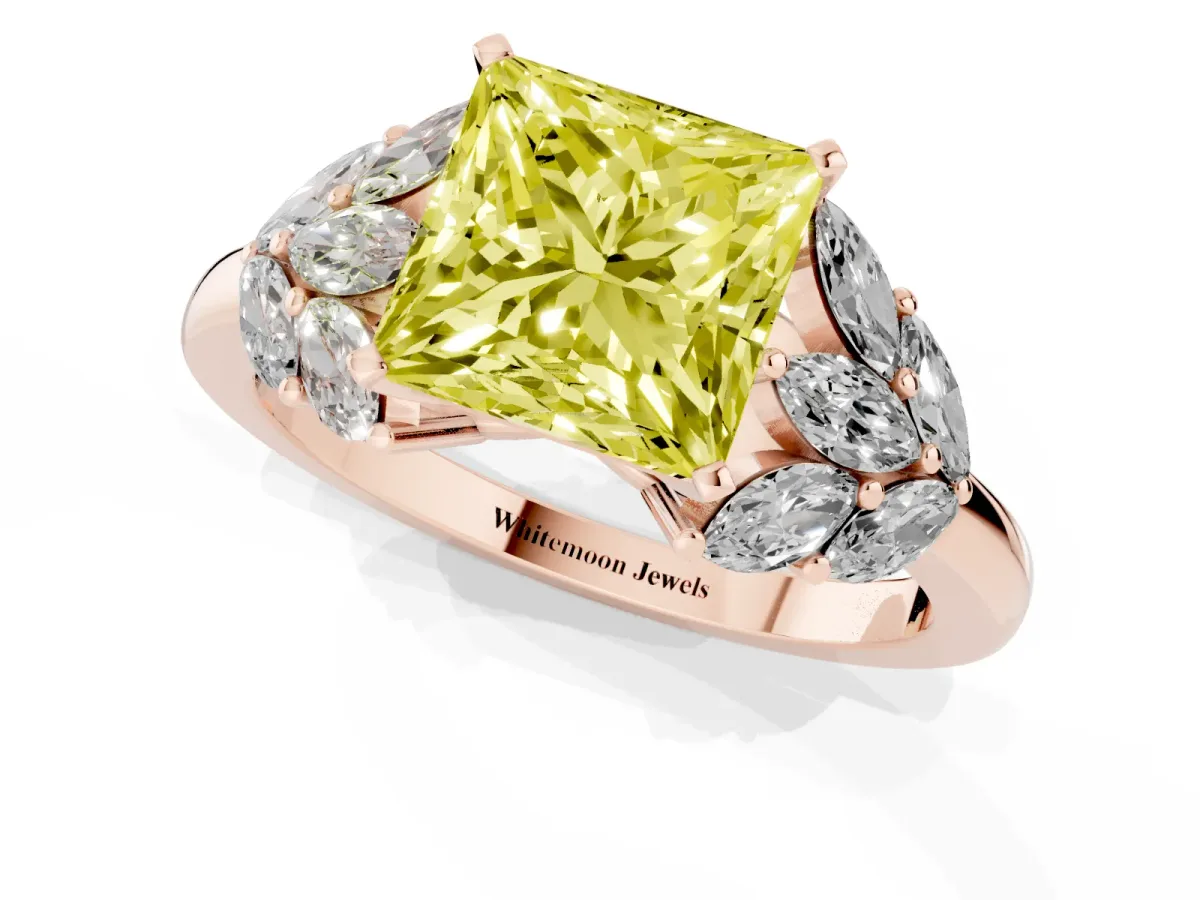Fancy Yellow Princess Cut Diamond Cluster Leaf Design Ring with Prong Setting Rose gold