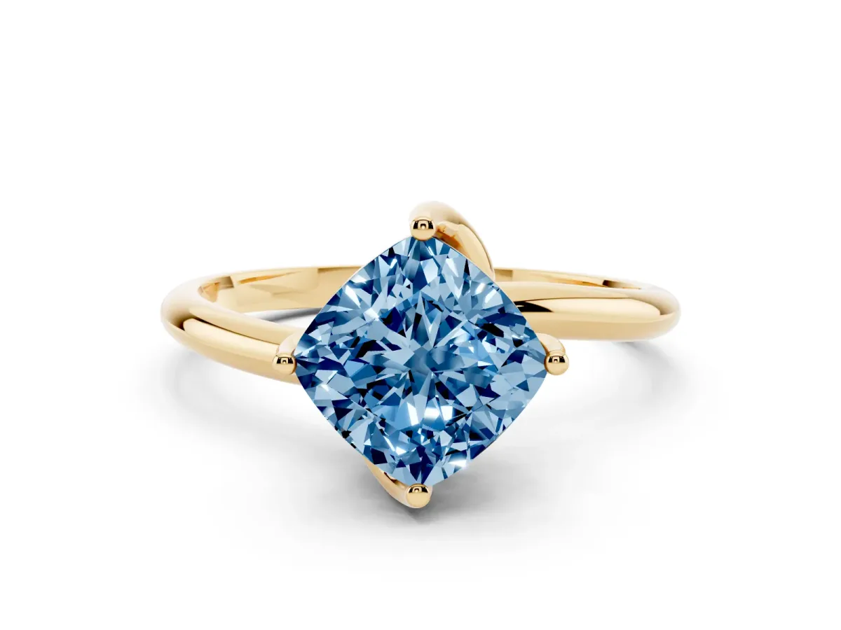 Fancy Blue Cushion Cut Diamond Solitaire Engagement Ring with Four-Prong Setting and Classic Band Yellow gold