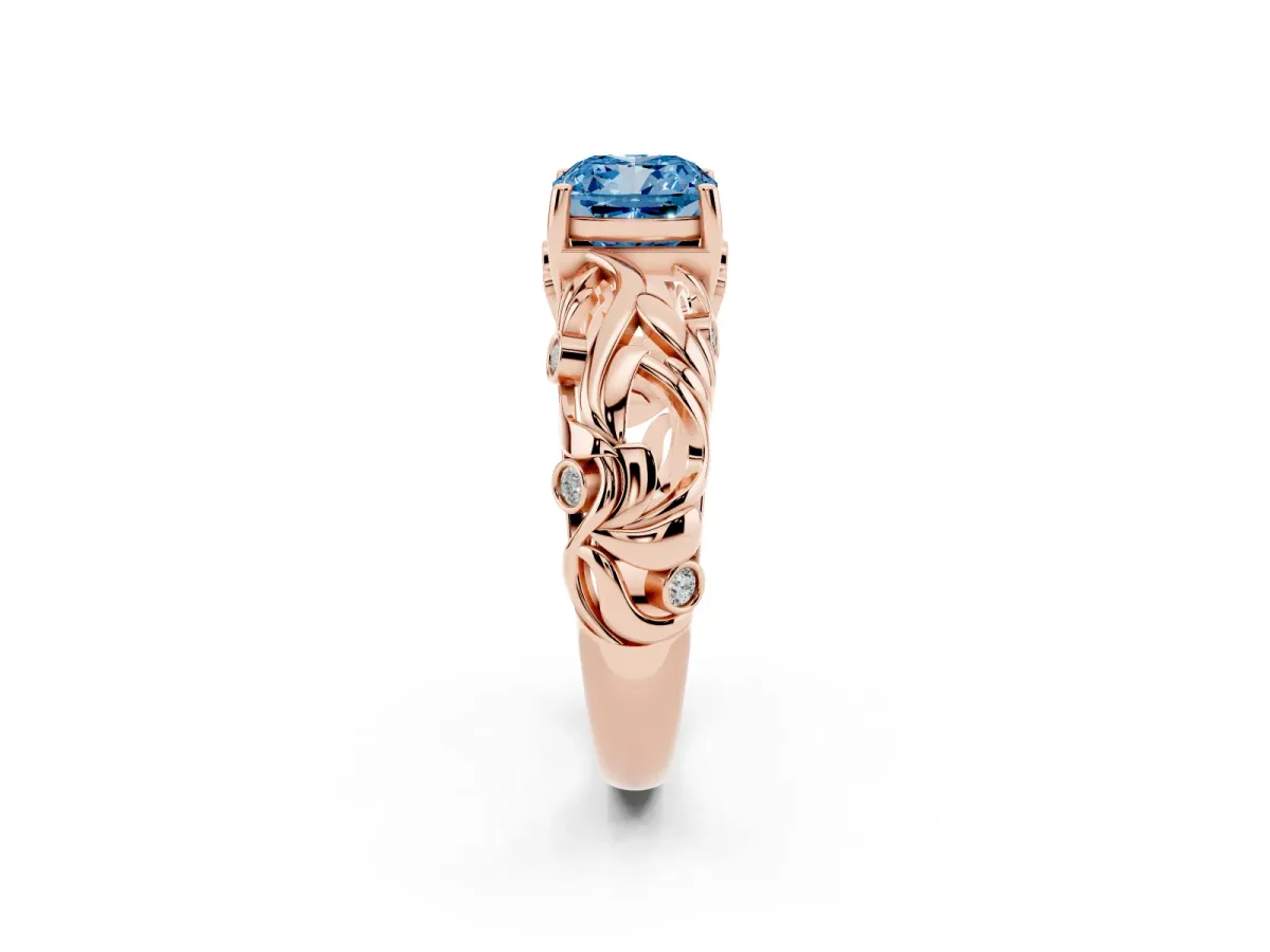 Fancy Blue Cushion Cut Solitaire Diamond Leaf-Inspired Vine Band Ring with Prong Setting Rose gold