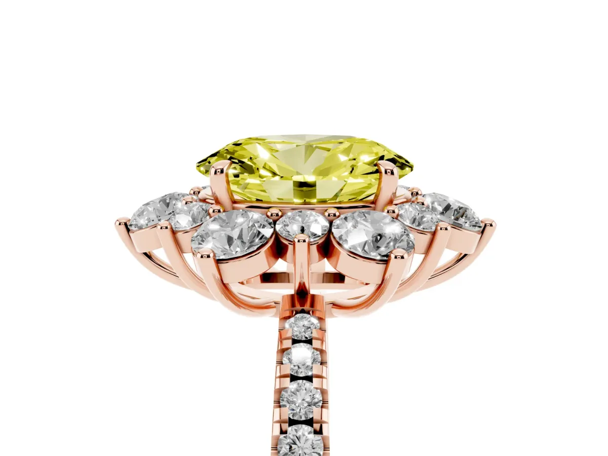 Fancy Yellow Oval Cut Diamond Floral Halo Ring with Round Pavé Band and Prong Setting Rose gold