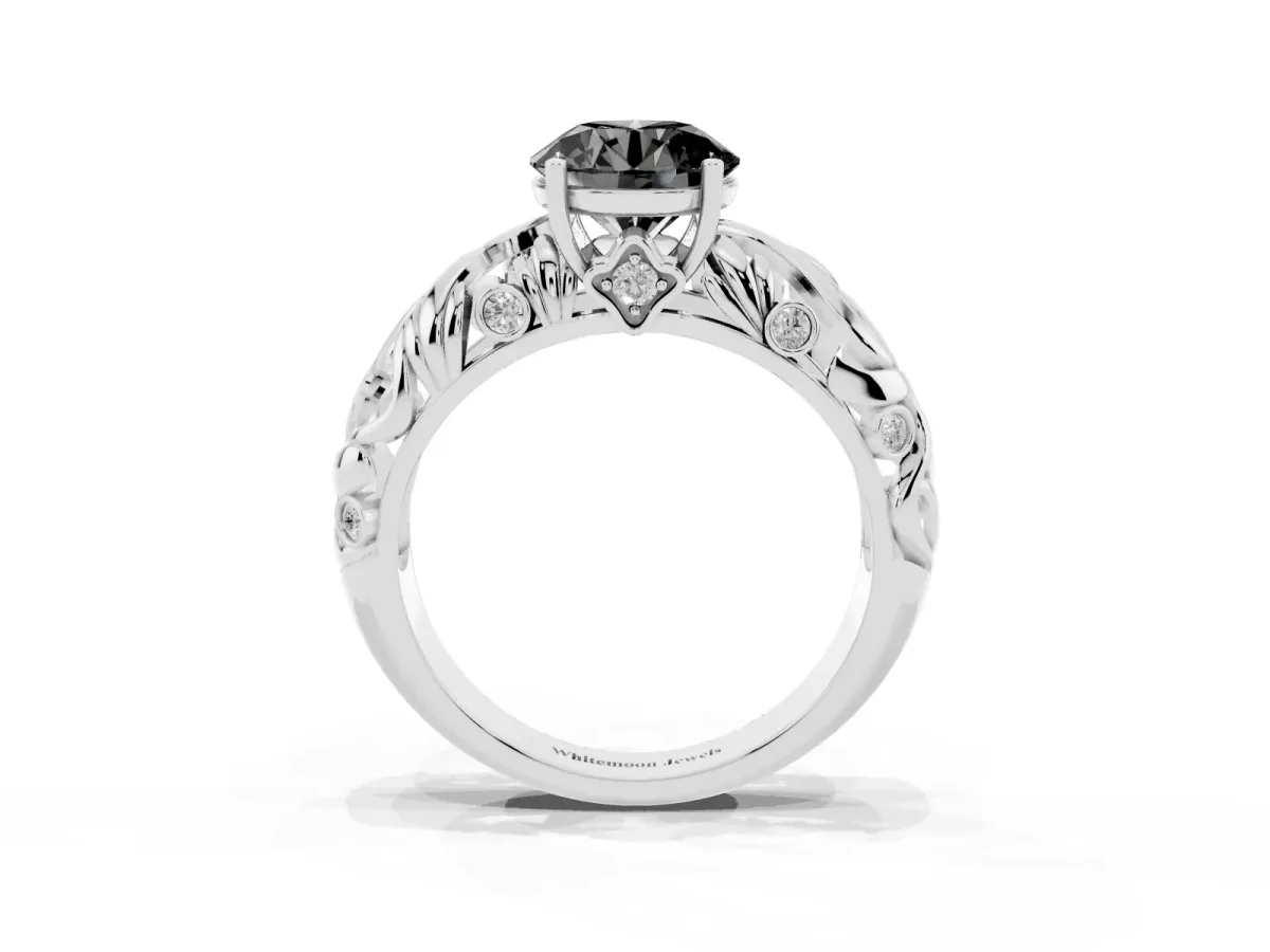 Fancy Black Round Cut Solitaire Diamond Leaf-Inspired Vine Band Ring with Prong Setting Platinum