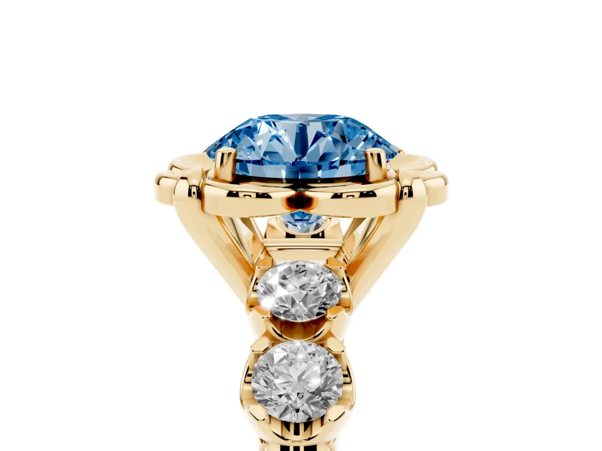 Fancy Blue Round Cut Cut Diamond Floral Halo Engagement Ring with Shared Prong Setting Yellow gold