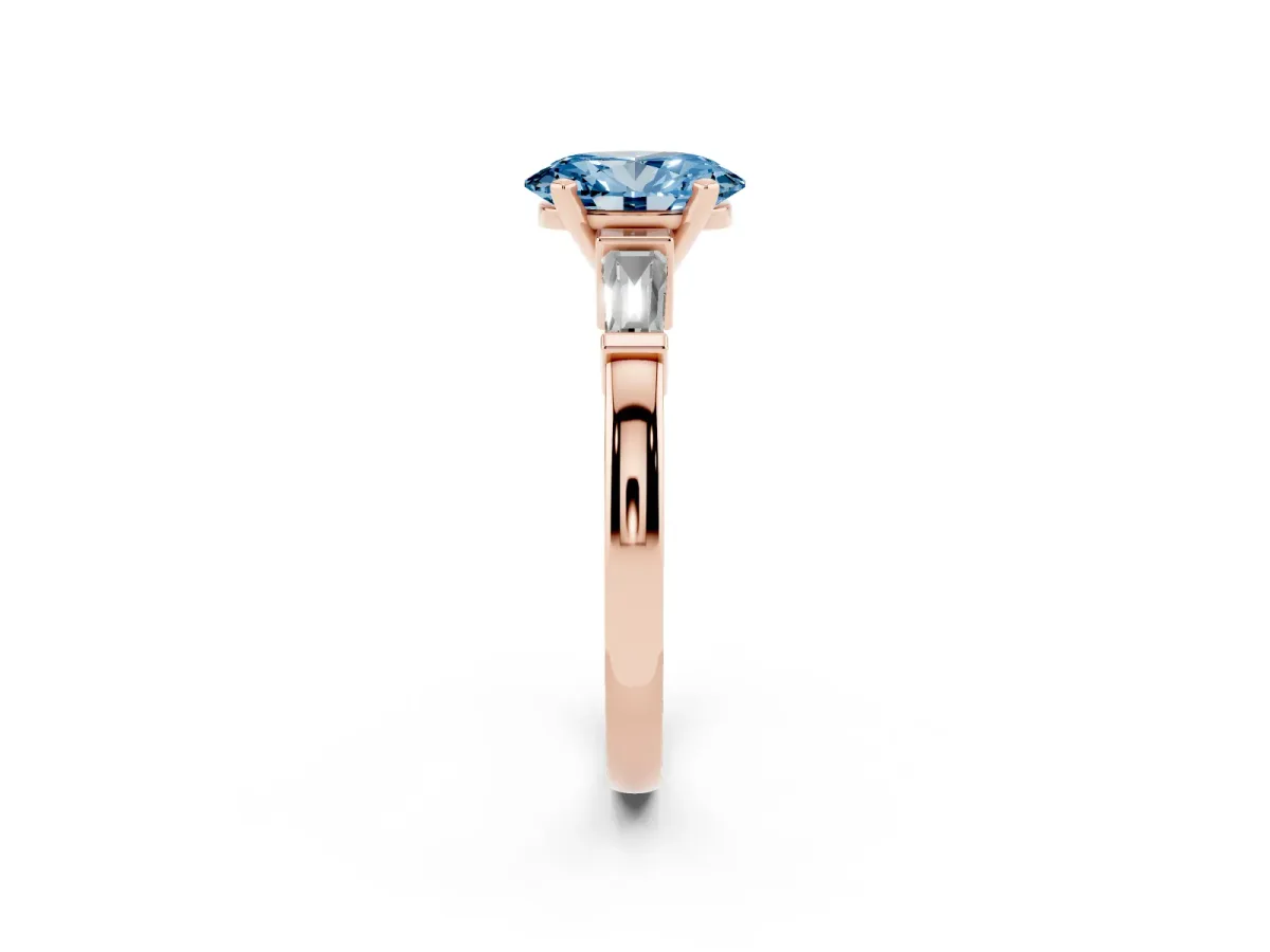 Fancy Blue Oval Cut Cut Diamond Solitaire Ring with Tapered Baguette Accents and Four-Prong Setting Rose gold