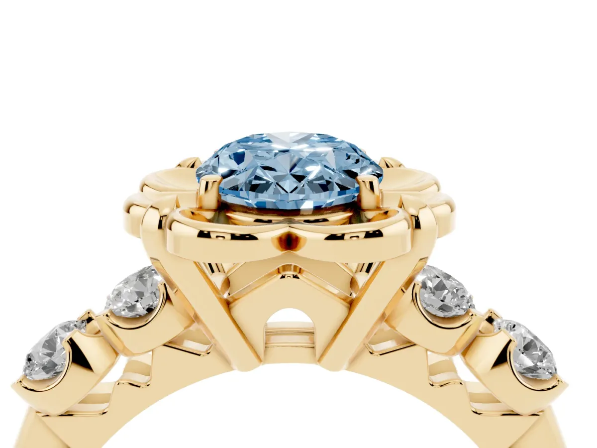 Fancy Blue Oval Cut Cut Diamond Floral Halo Engagement Ring with Shared Prong Setting Yellow gold
