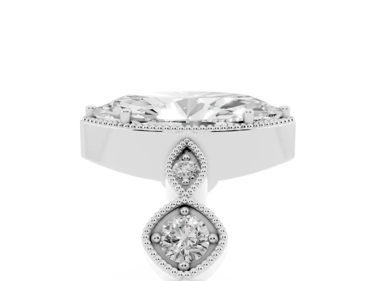 Marquise Cut Diamond Vintage Milgrain Ring with Round Stations Silver