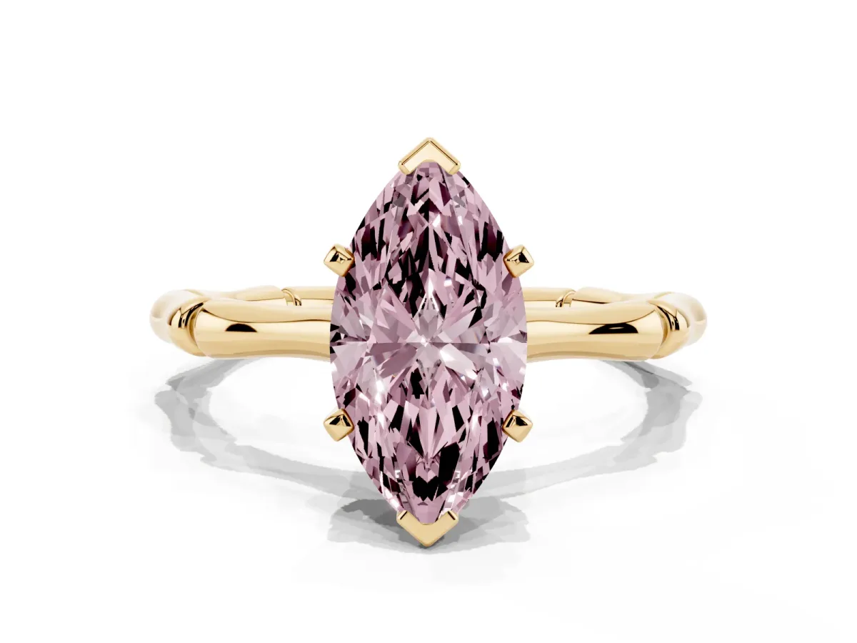 Fancy Pink Marquise Cut Solitaire Diamond Ring with Bamboo Band and Four-Prong Setting Yellow gold