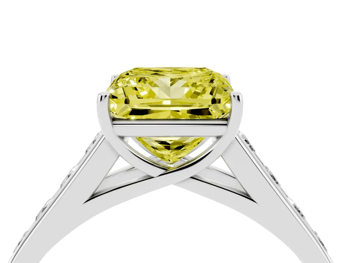 Fancy Yellow Princess Cut Brilliant Channel-Set Solitaire Ring with Four-Prong Setting Platinum