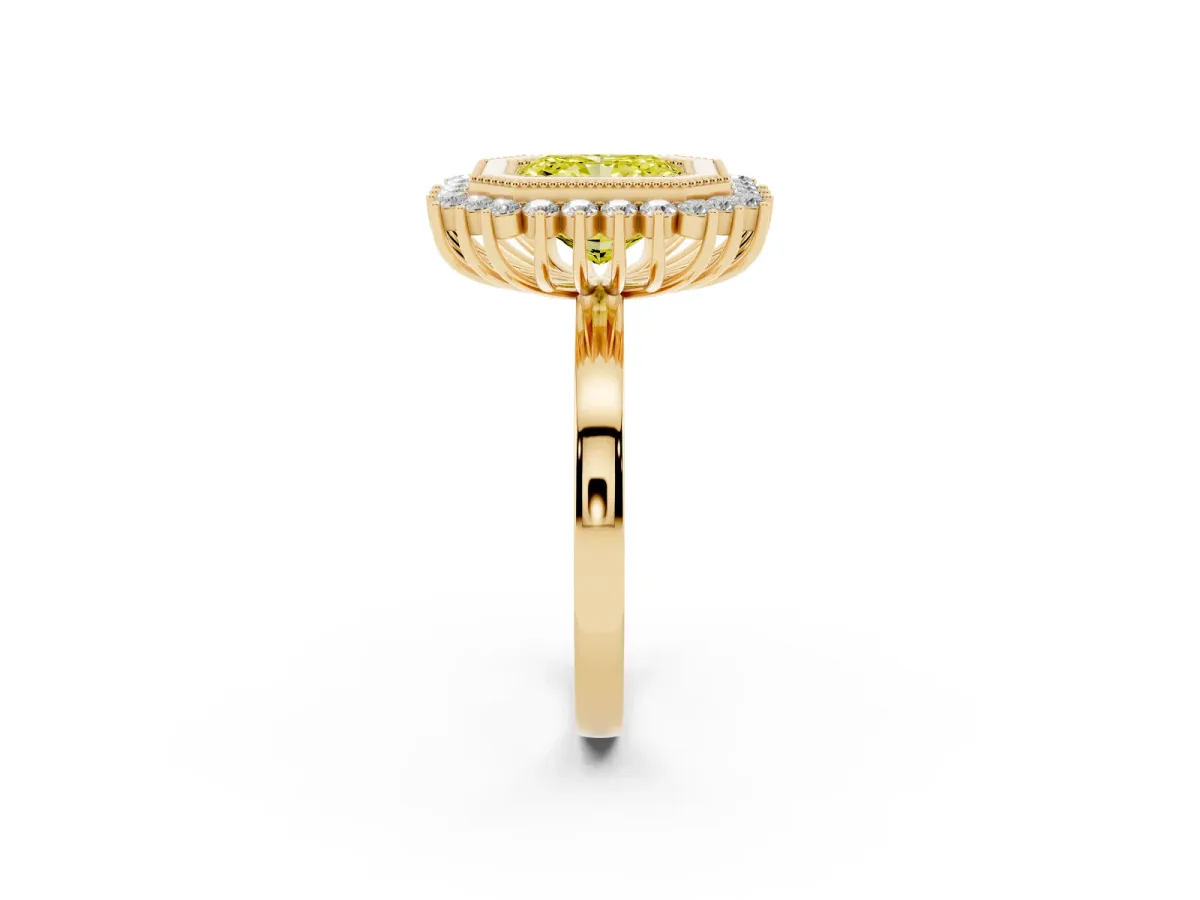 Fancy Yellow Radiant Cut Halo Diamond Ring with Milgrain Edge and Round Prong Setting Yellow gold