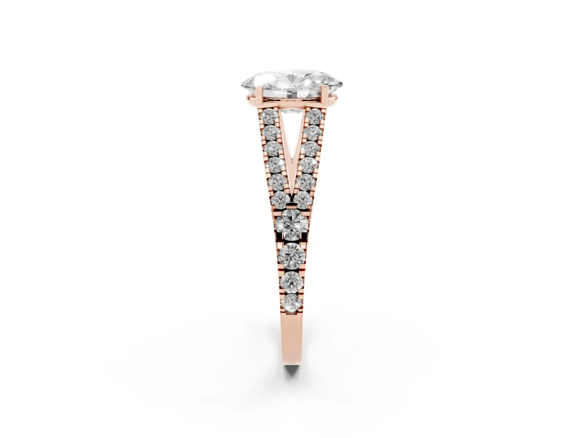 Oval Cut Diamond Split Shank Pavé Engagement Ring with Four-Prong Setting Rose gold
