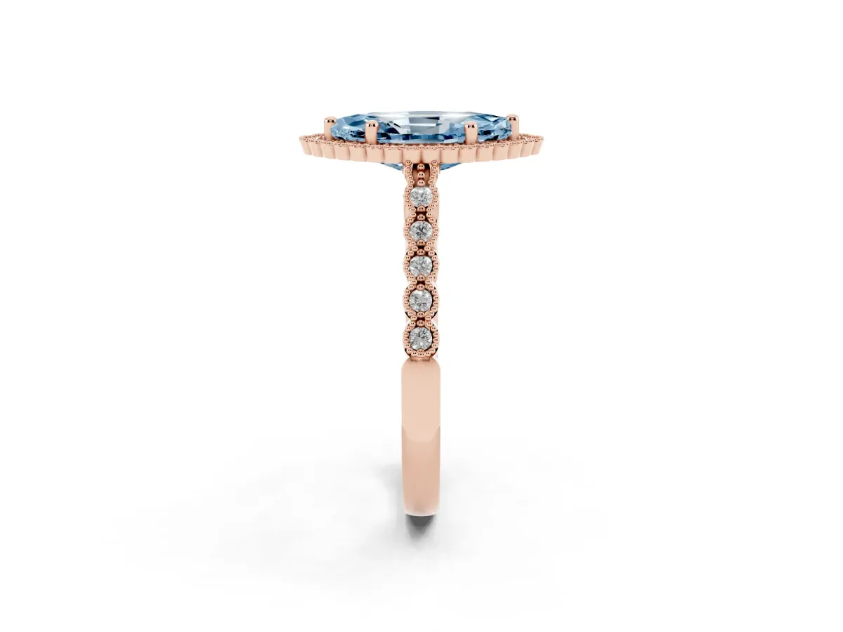 Fancy Blue Marquise Cut Cut Halo Pavé Solitaire Ring with Milgrain Band Rose gold