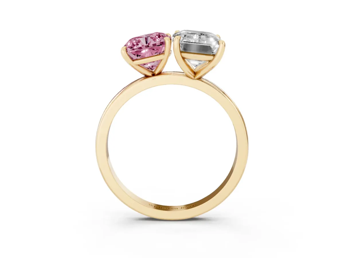 Fancy Pink Cushion Cut and Emerald Cut Toi Moi Ring with Prong Setting Yellow gold