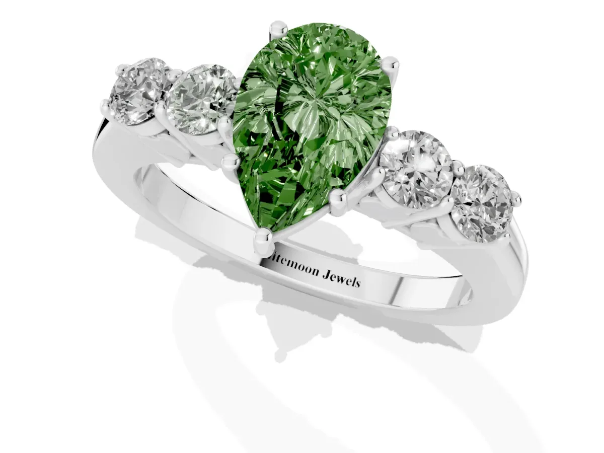Fancy Green Pear Cut Cut Diamond Five-Stone Prong Set White Gold Ring Platinum