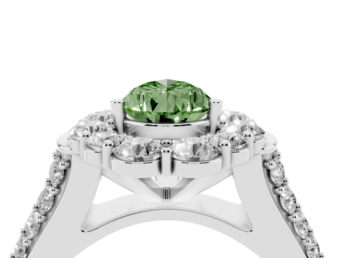 Fancy Green Pear Cut Halo Diamond Engagement Ring with Split Shank and Prong Setting Silver