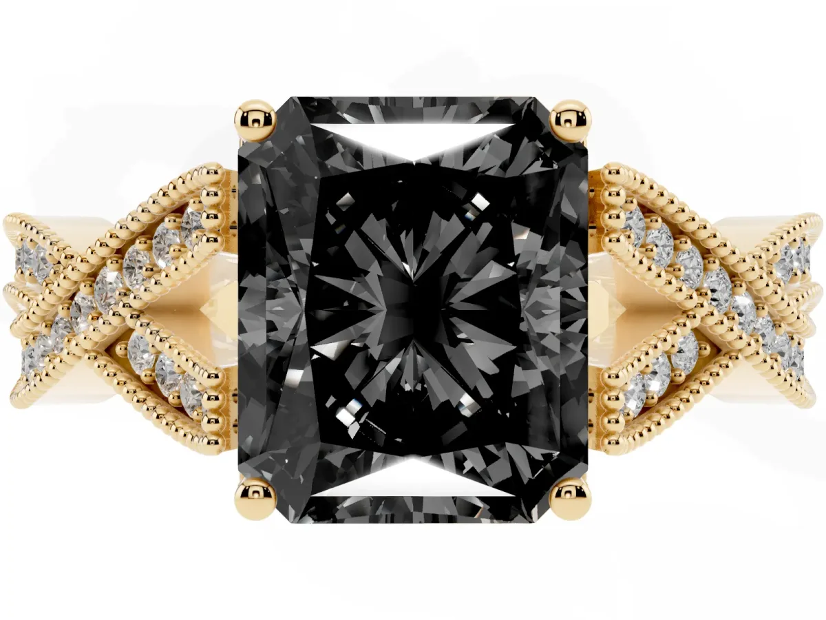Fancy Black Radiant Cut Cut Diamond Twisted Band with Milgrain Pave Setting and Four-Prong Setting Yellow gold