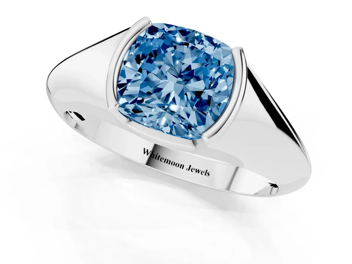 Fancy Blue Cushion Cut Solitaire Tension Set Diamond Ring Silver