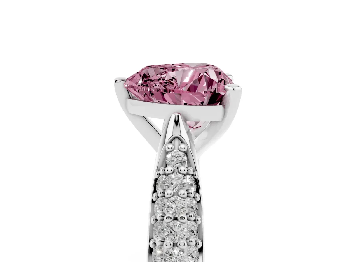 Fancy Pink Heart Cut Diamond Solitaire Engagement Ring with Multi-Row Round Pavé Band and Prong Setting Silver