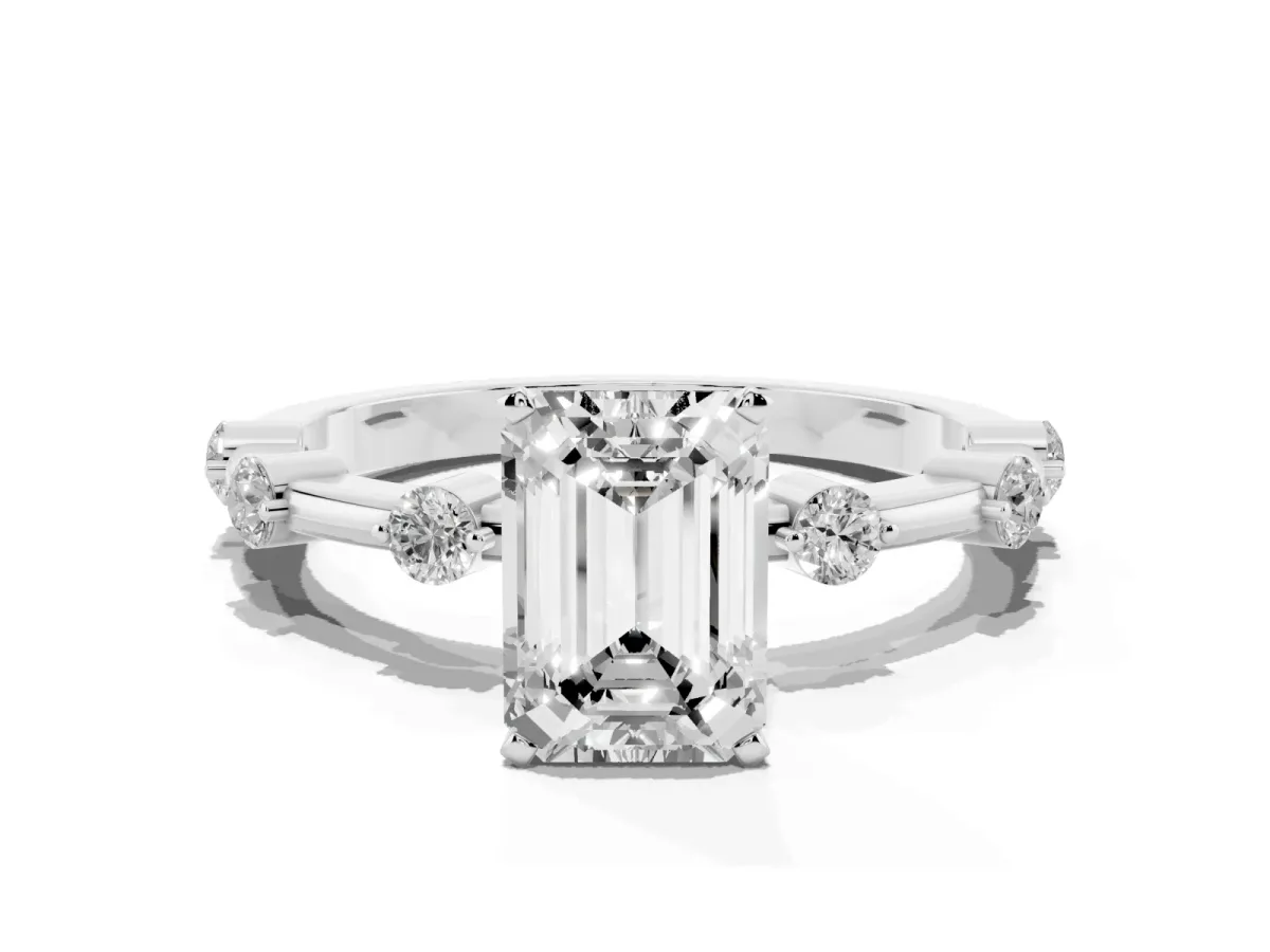 Emerald Cut Solitaire Diamond Ring with Bezel Set Side Stones and Prong Setting Platinum