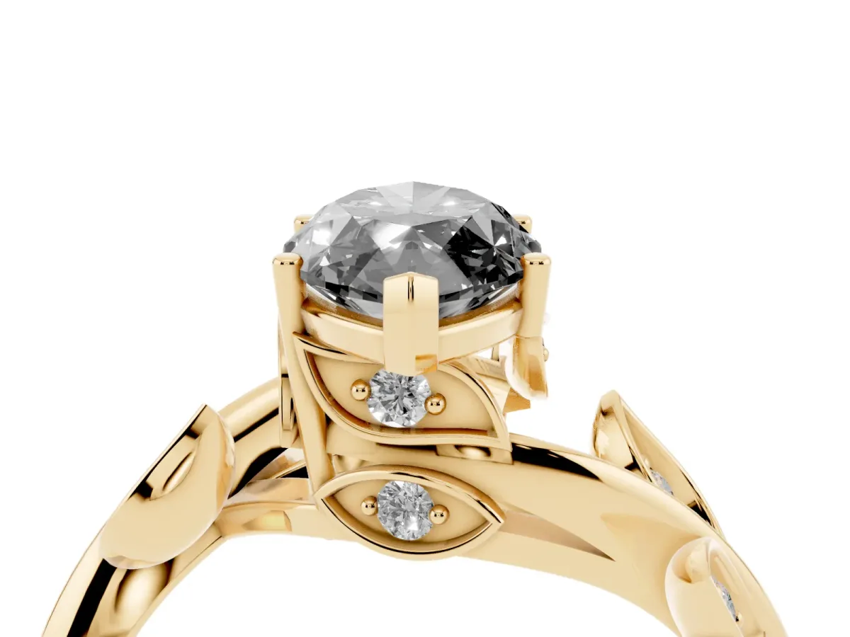 Fancy Black Marquise Cut Solitaire Twist Engagement Ring with Leaf Accents and Prong Setting Yellow gold