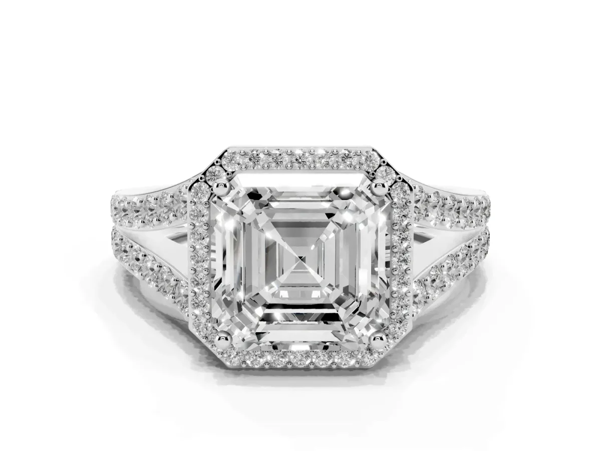 Asscher Cut Diamond Split Shank Halo Ring with Four-Prong Setting Silver