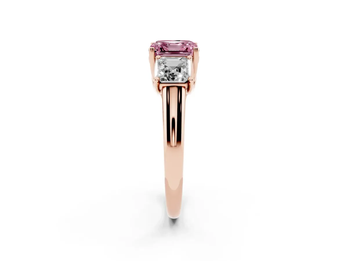 Fancy Pink Three-Stone Asscher Cut Diamond Engagement Ring with Prong Setting Rose gold