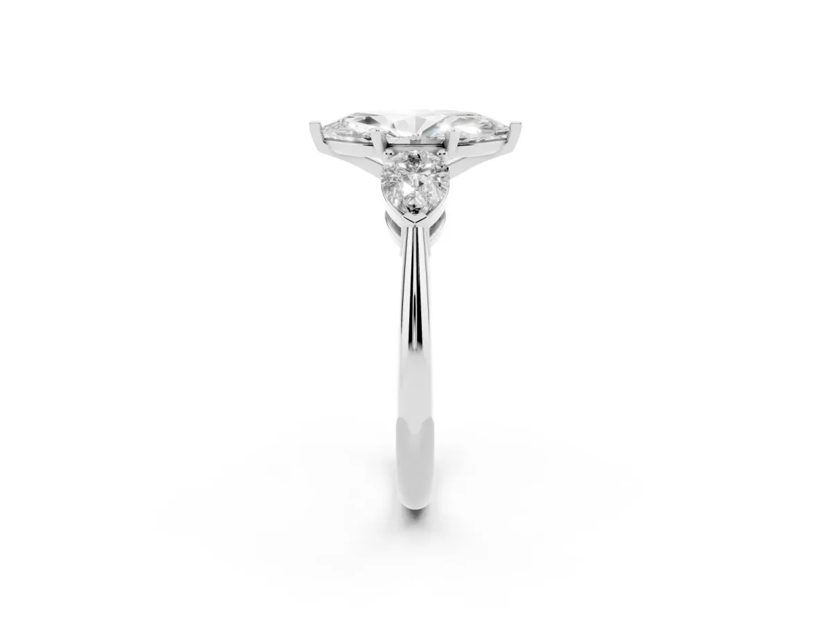 Three-Stone Marquise Cut Diamond Ring with Pear Side Stones and Four-Prong Setting Silver