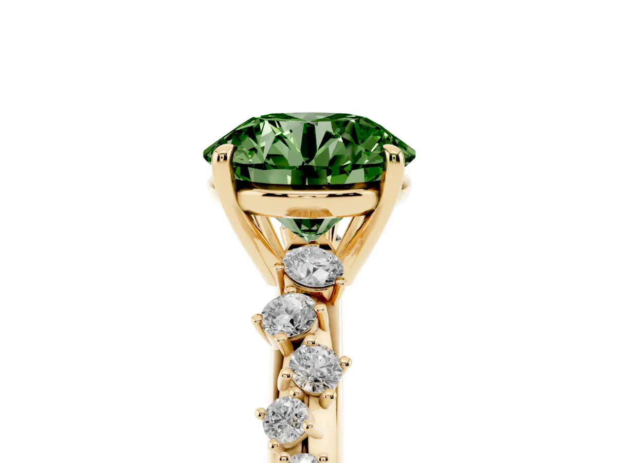 Fancy Green Round Cut Diamond Cluster Side Stone Solitaire Ring with Prong Setting Yellow gold
