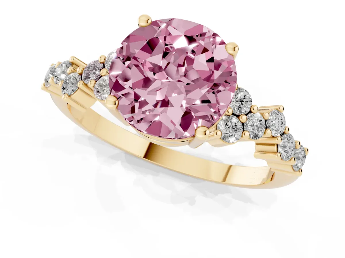 Fancy Pink Round Cut Diamond Scattered Round Accent Ring with Prong Setting Yellow gold