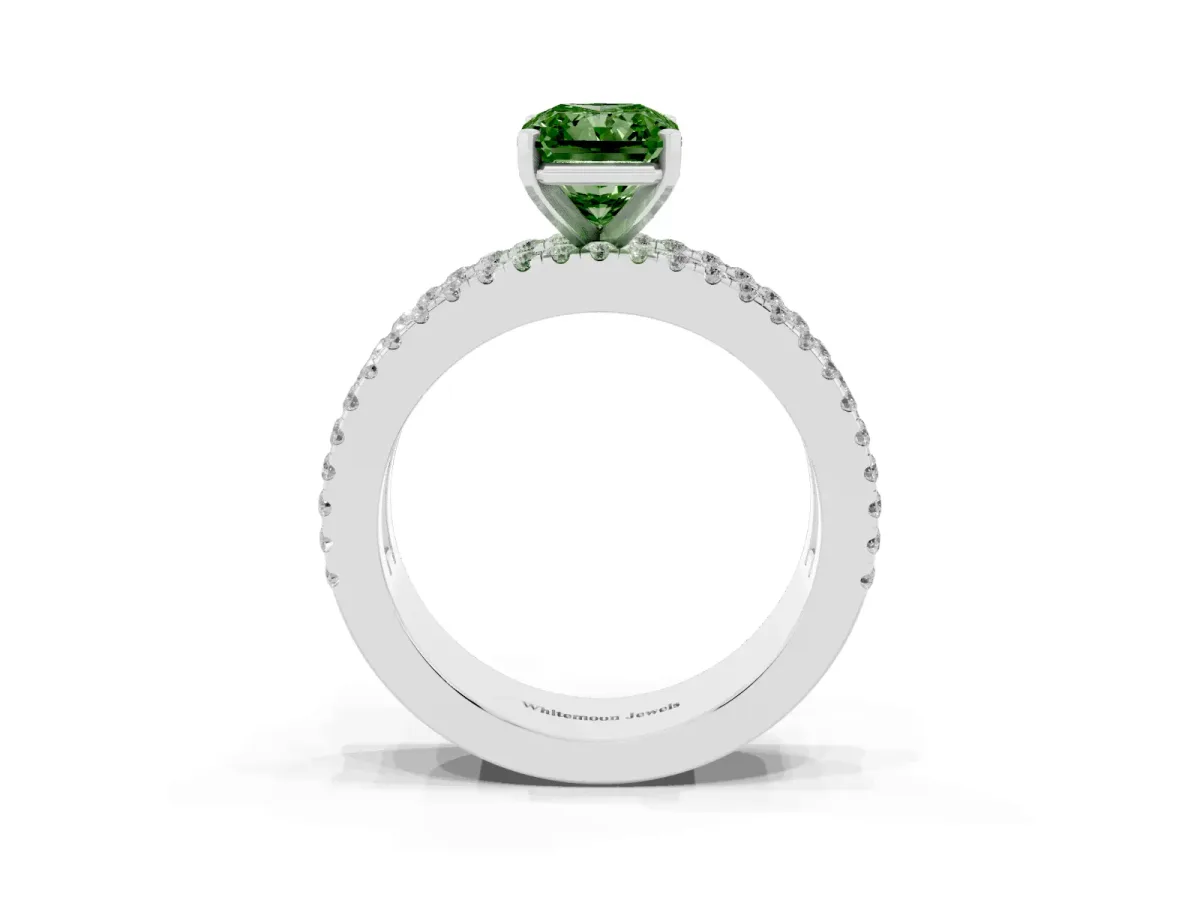 Fancy Green Radiant Cut Diamond Solitaire Ring with Pavé and Channel Set Band Platinum