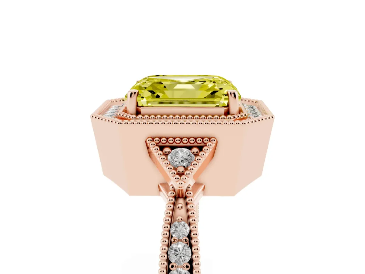 Fancy Yellow Asscher Cut Halo Round Diamond Milgrain Pave Engagement Ring Rose gold