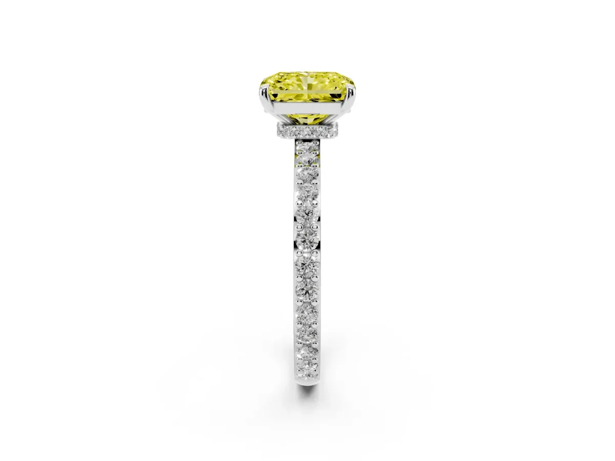 Fancy Yellow Radiant Cut Diamond Pavé Engagement Ring with Round Accents and Prong Setting White gold