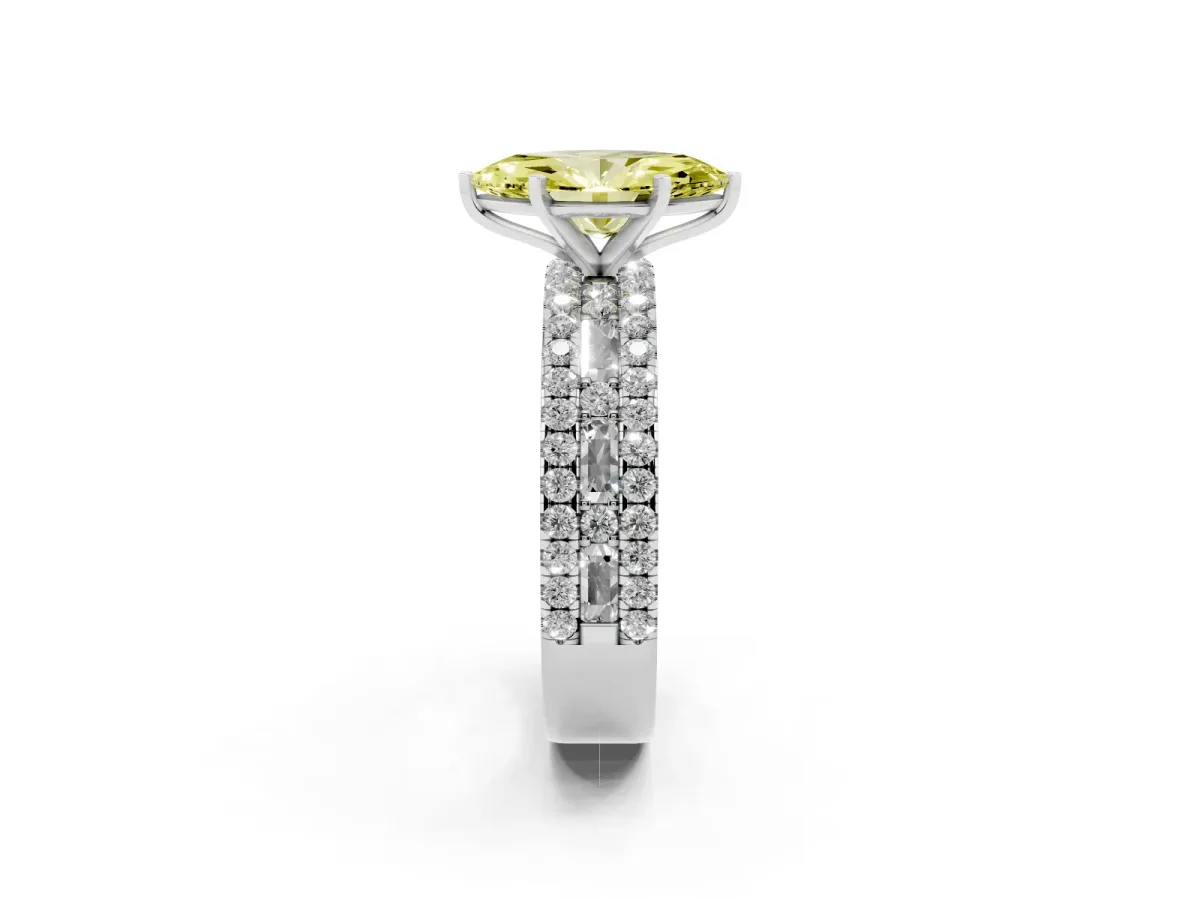 Fancy Yellow Marquise Cut Diamond Solitaire Ring with Pavé and Channel Set Band Platinum