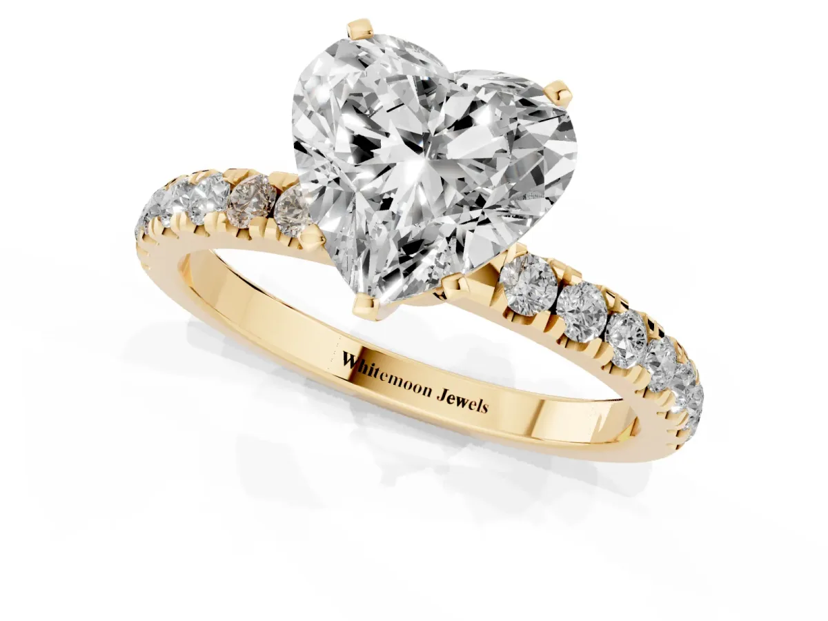 Heart Cut Diamond Solitaire Ring with Pavé Accents and Four-Prong Setting Yellow gold