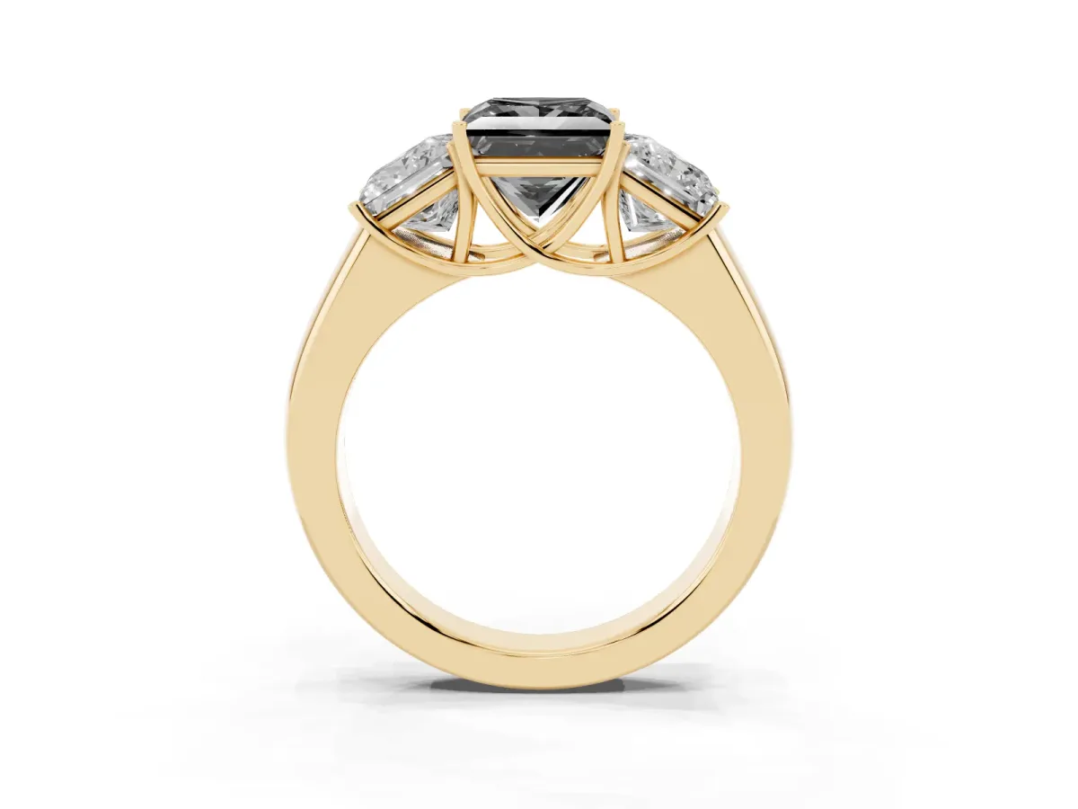 Fancy Black Three-Stone Princess Cut Cut Diamond Ring with Prong Setting and Classic Band Yellow gold