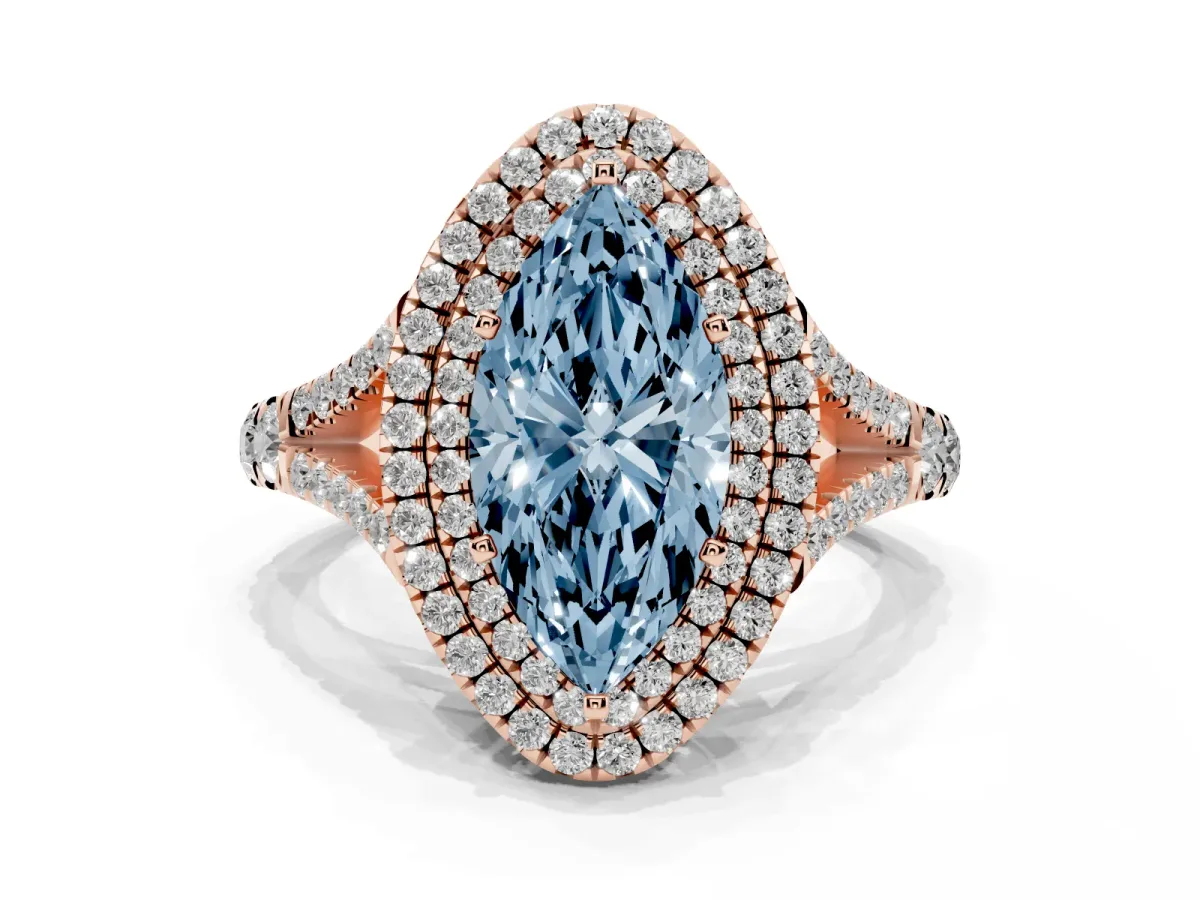 Fancy Blue Double Halo Marquise Cut Diamond Split Shank Engagement Ring with Four-Prong Setting Rose gold