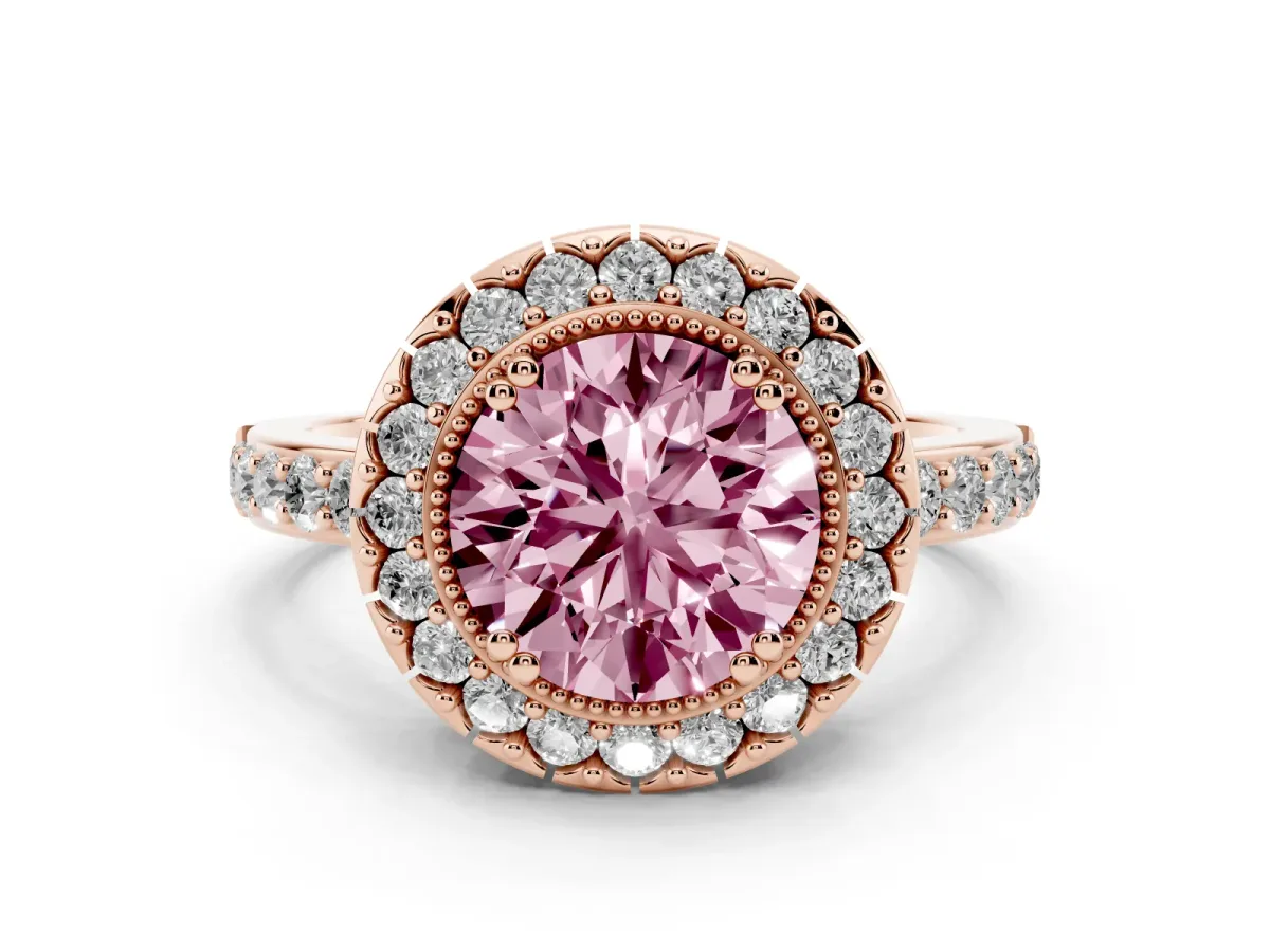 Fancy Pink Round Cut Diamond Halo Ring with Pavé Band and Prong Setting Rose gold