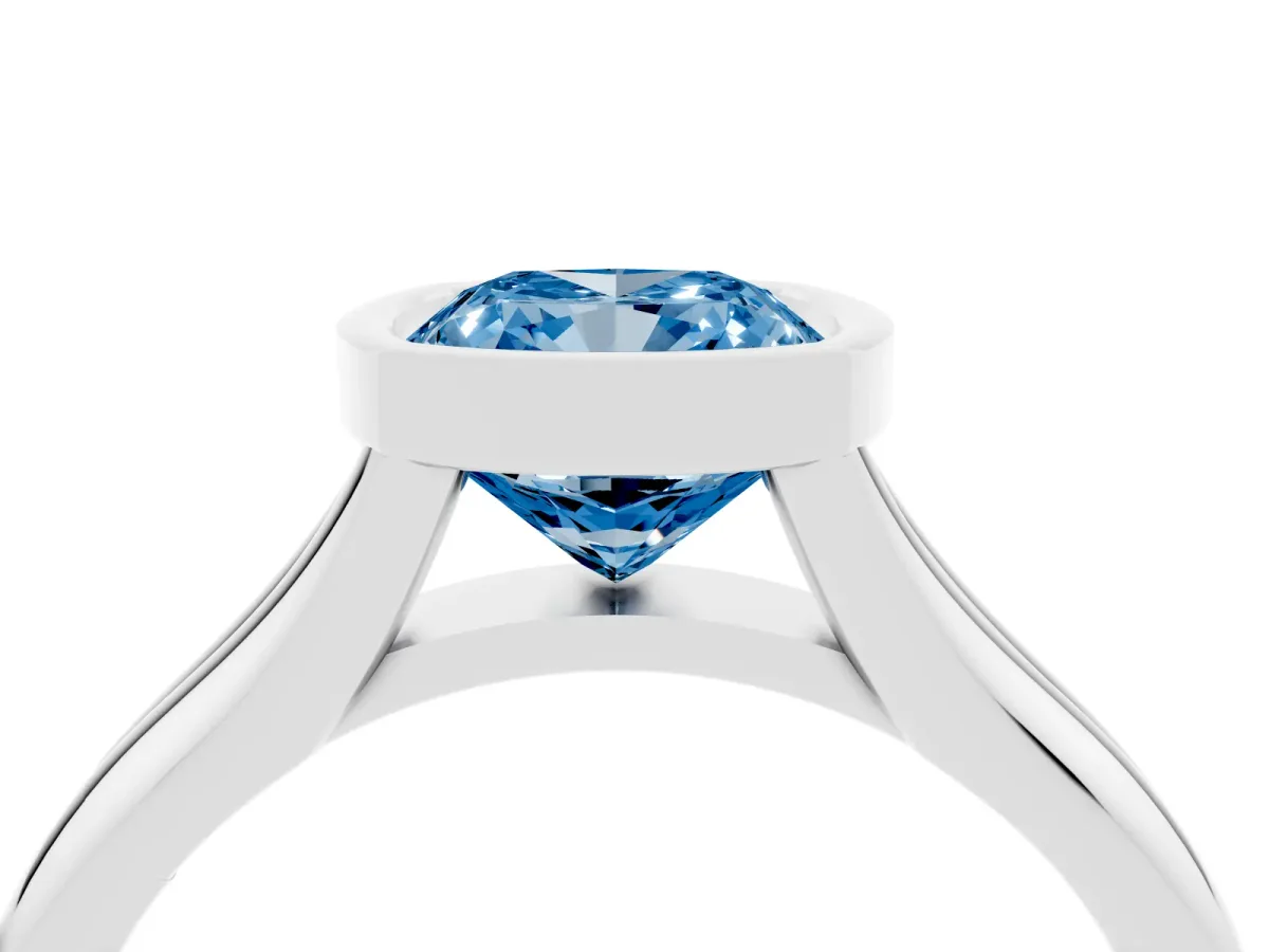 Fancy Blue Bezel Set Cushion Cut Solitaire Diamond Ring with Smooth Band Platinum