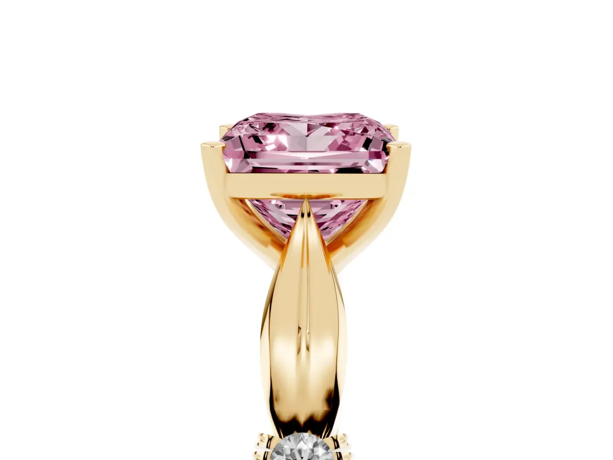 Fancy Pink Princess Cut Solitaire Diamond Twisted Band with Four-Prong Setting Yellow gold