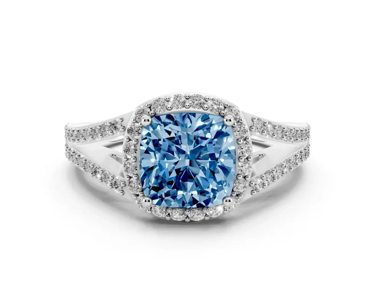 Fancy Blue Cushion Cut Halo Split Shank Pave Diamond Ring with Four-Prong Setting Platinum