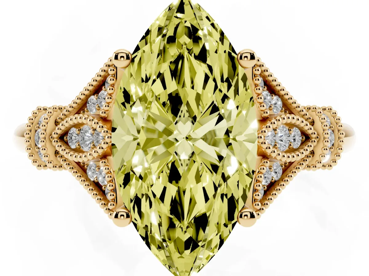 Fancy Yellow Marquise Cut Diamond Solitaire Ring with Floral Filigree and Pave Accents Yellow gold
